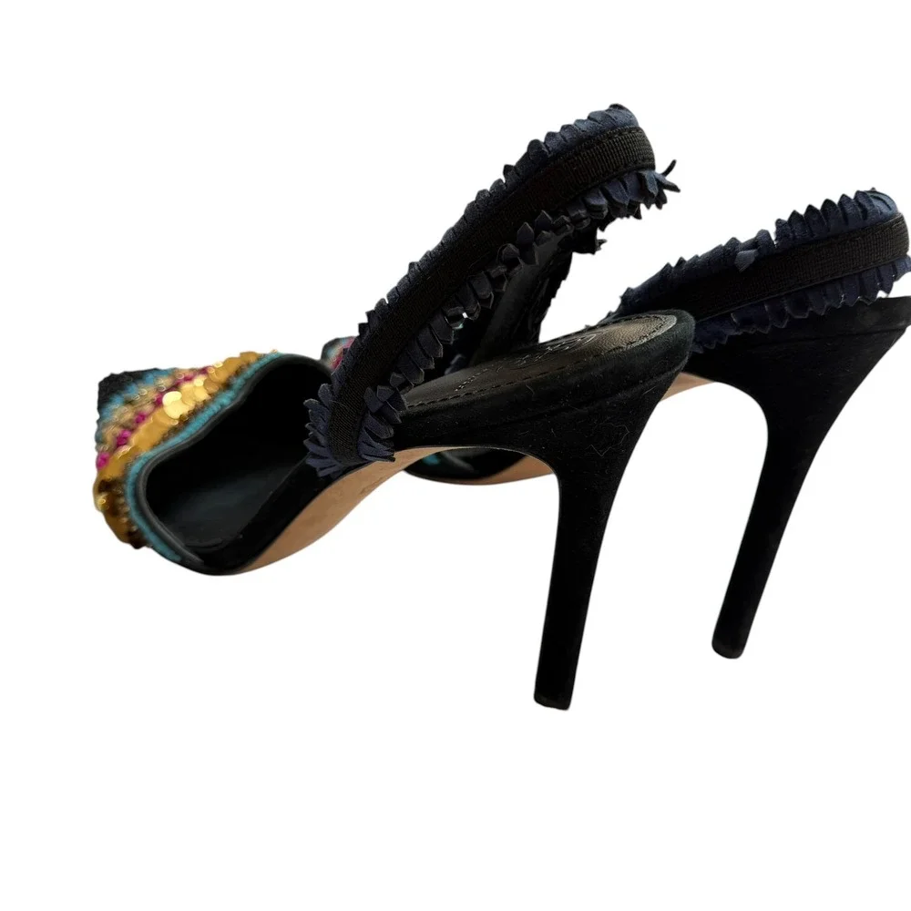 Tory Burch Beaded Sequin Slingback Pumps Black Multi Color Pointed Toe Heels 9M